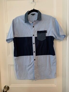NKLS Men's Short-Sleeve size S ,cotton blend colorblock -Up Shirt Blue & Navy